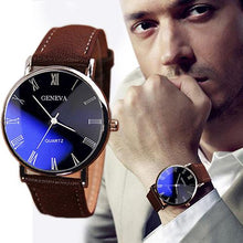 Load image into Gallery viewer, Hommes chiffres romains Blu-Ray Faux bracelet en cuir Quartz analogique montre-bracelet d'affaires (4956897345667)