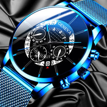 Load image into Gallery viewer, Luxury Men's Fashion Business Calendar Watches Blue Stainless Steel Mesh Belt Analog Quartz Watch relogio masculino (4956896985219)