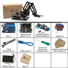 Load image into Gallery viewer, 4DOF DIY Robot Arm Kit Educational Robotics Claw Set Mechanical Arm for Arduino R3,PS2/2.4G Wireless Control,Scracth Programming (4956985294979)
