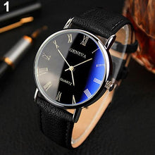 Load image into Gallery viewer, Hommes chiffres romains Blu-Ray Faux bracelet en cuir Quartz analogique montre-bracelet d'affaires (4956897345667)

